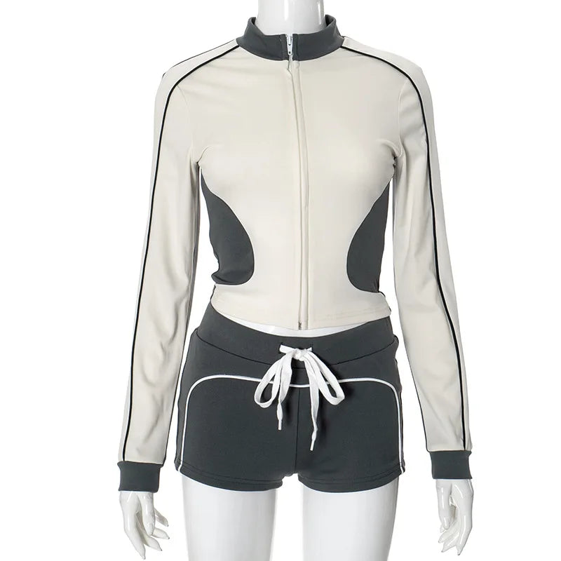STYLISH LADY Contrast Color Sporty 2 Piece Set Women Long Sleeve Zipper Crop Top and Drawstring Short Suits 2025 Workout Outfits