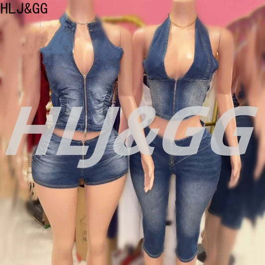 HLJ&GG Blue Fashion jeans Halter Two Piece Sets Women Sleeveless Backless Slim Crop Top And Skinny Jean Pants Outfits Streetwear