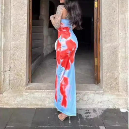 Sexy Slim Big Flower Print Maxi Dress Woman Bodycon Split Vintage Vacation Beach Y2K Summer Party Cheap Clothes Women Dresses