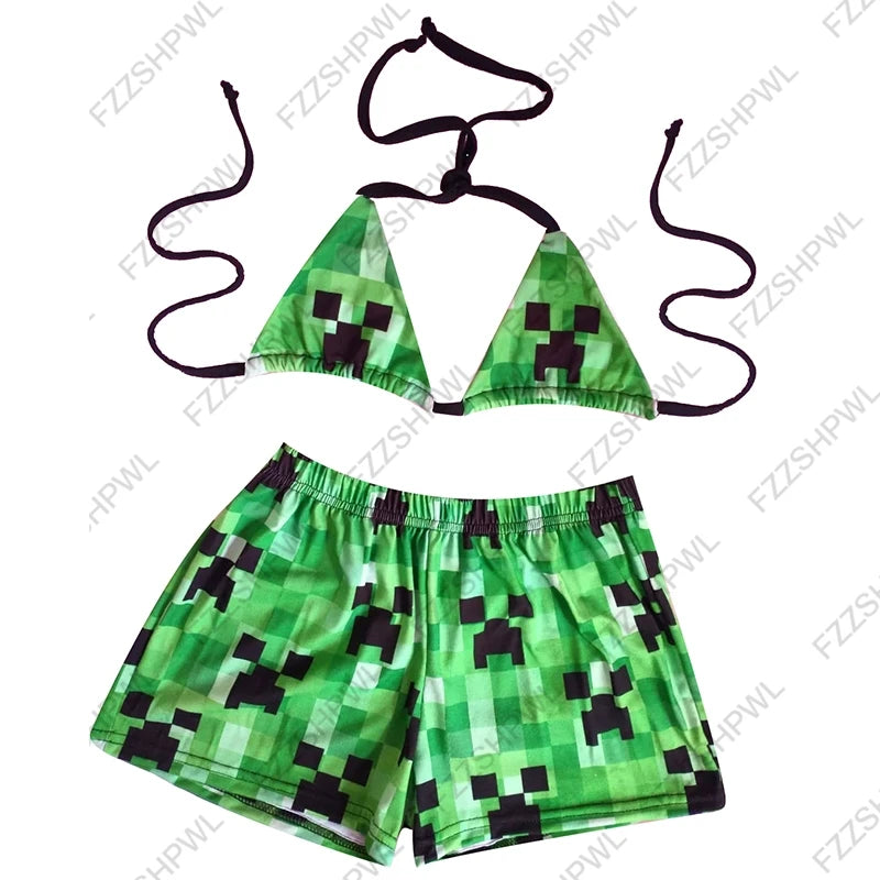 Blue Plaid Lace-up Bow Decorate Kawaii Bikini Sets Halter Striped Bra Underwears Y2k Swimsuits Lolita Bathing Suit Girls