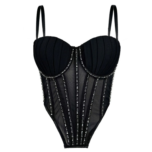 Sexy Mesh Design Camisole Vest Style Ladies Corset Tops with Chest Cushion Sparkling Diamond Decoration Fishbone Lingerie Tops