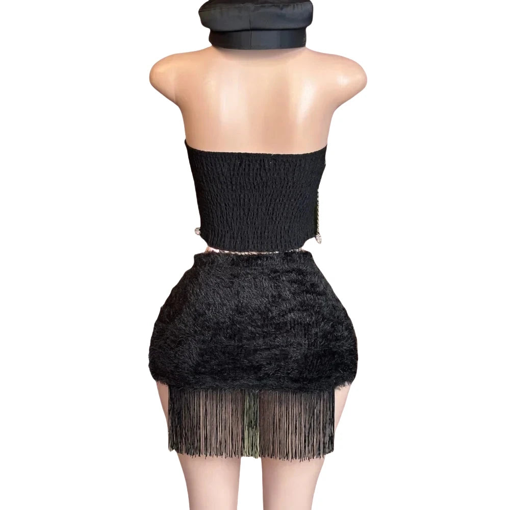 HLJ&GG Black Sexy Y2K Punk Tassels Two Piece Sets Women Chain Lace Up Slim Tube And Fur Mini Skirts Outfits Fashion Streetwear
