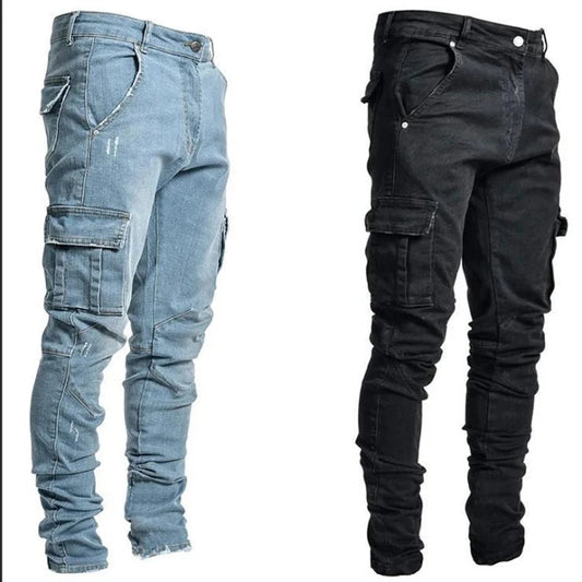 Men Street Elastic Denim Wash Solid Color Multi Pockets Cargo Pants Casual Slim Fit Daily Wear Joggers Mid Waist Trousers