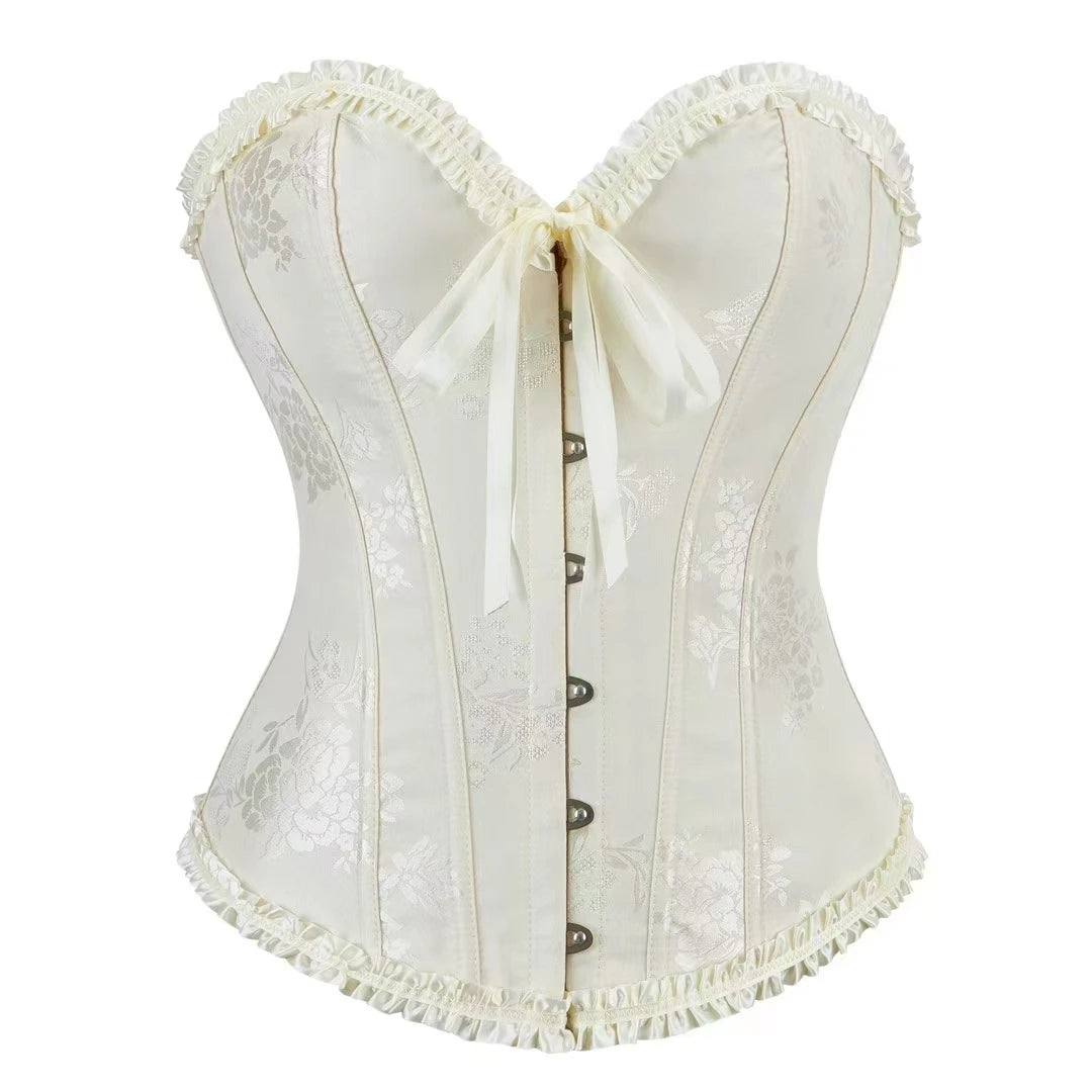 Women Floral Overbust Corset Waist Bustier Top Black White Red Blue Korset Shaper