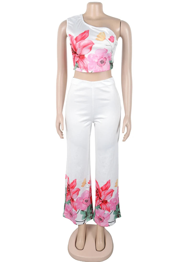 Kricesseen Women's Floral Jumpsuits 2 Piece Outfits Elegant Flower Print Crop Top And Wide Legs Pant Set Clubwear Overalls