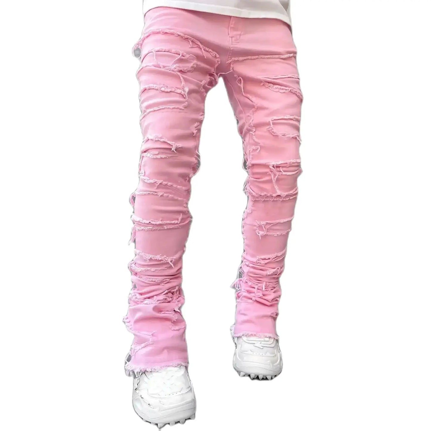 Denim Regular Fit Stacked Jeans Ripped Slim Fit Patch Distressed Destroyed Straight Denim Pants Hip Hop Streetwear Trouser Cloth