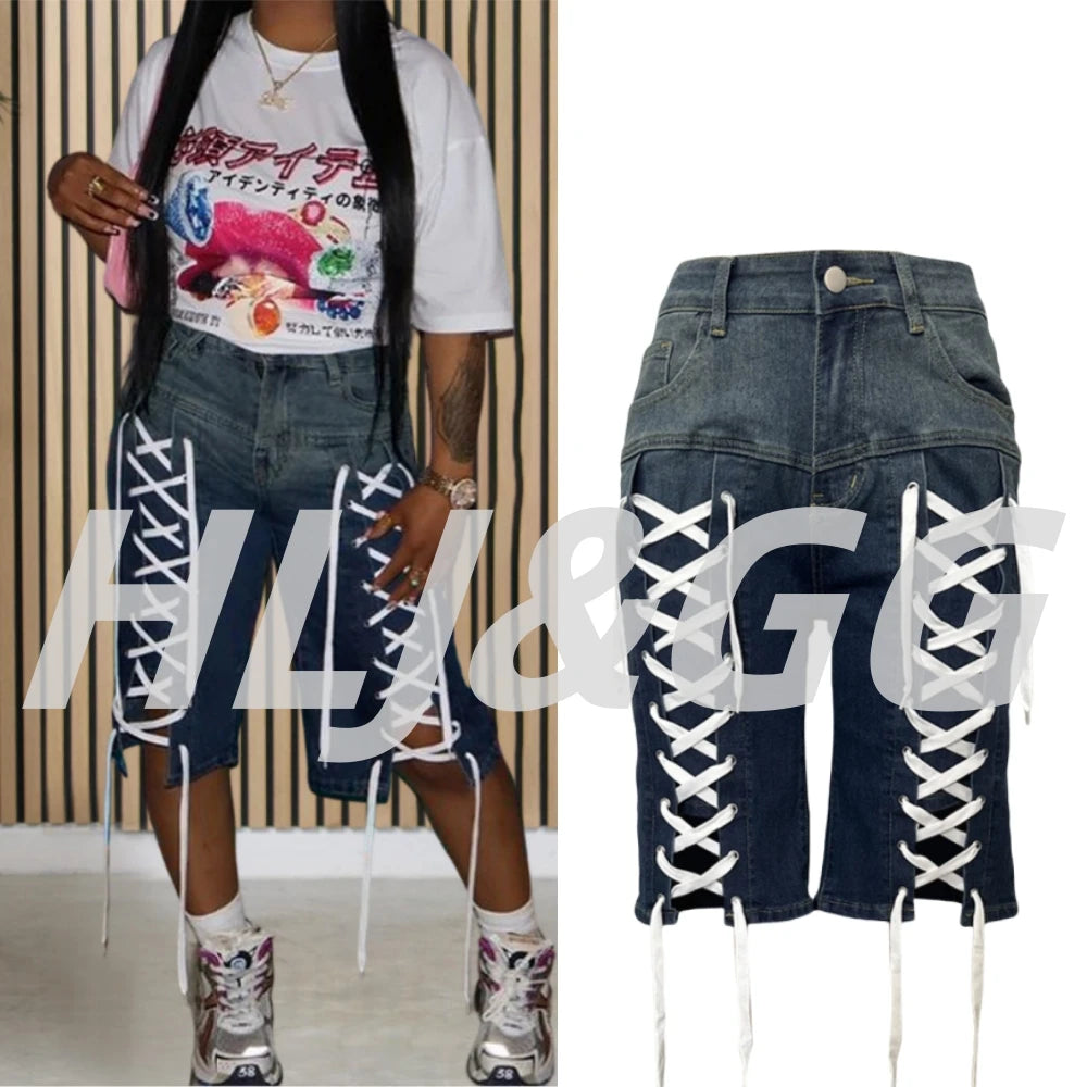 HLJ&GG American Vintage Fashion Bandage Straight Jean Shorts Women High Waisted Button Loose jeans Shorts Female Cowboy Bottom