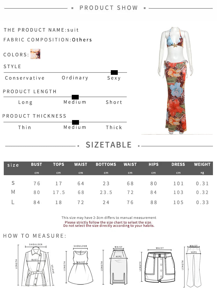 Weird Puss Beach Style Women 3Piece Set Swimsuit Colorful Print Bandage Bra+Briefs+Maxi Skirts Vacation Midnight Club Party Suit