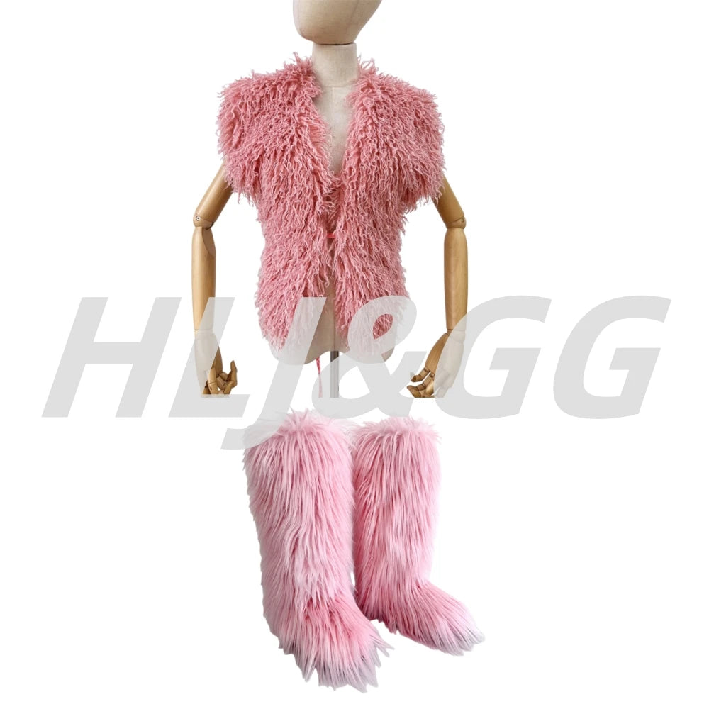 HLJ&GG Trend Y2K Two Piece Sets Women Fur Feather Halter Waistcoat Fashion Backless Lace Up Legs Cover Streetwear Clothing 2025