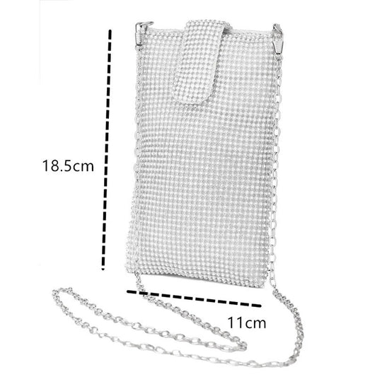 Shiny rhinestone mobile phone wallet, metal chain shoulder lipstick mini bag, dinner party ball messenger bag
