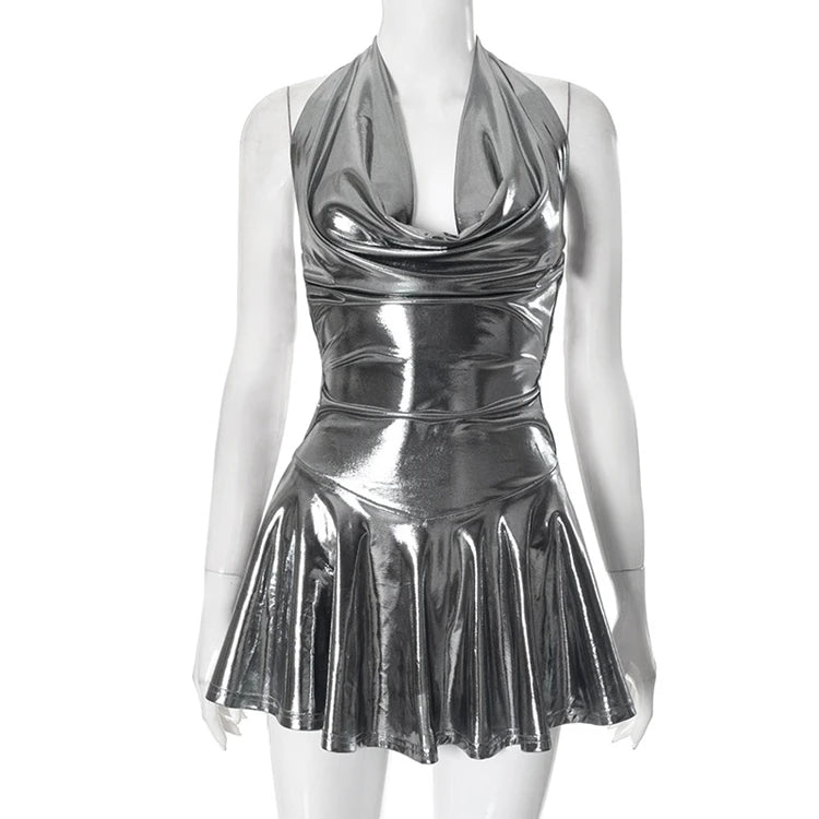 STYLISH LADY Shiny Metallic Pleated Dress 2025 Summer Women Halter Backless Luxury Silver Gold Club Party Evening Mini Dresses