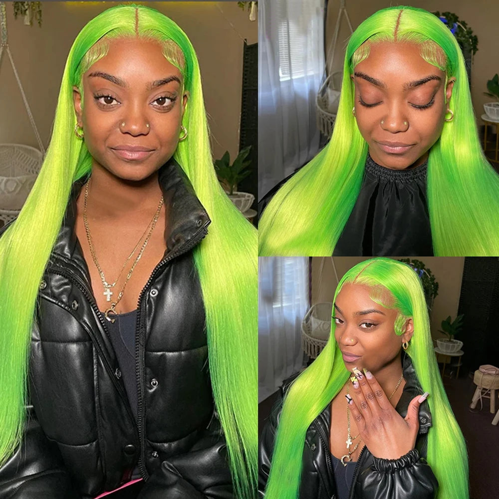 Brazilian 200% Density Straight Fluorescent Green 13x4 Lace Frontal Wig Human Hair Wigs For Women Remy Hair Colored Lace Wigs