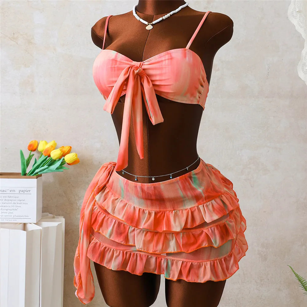 Orange Print Front Knotted Bikinis Sets 3 Pieces Ruffled Skirts Swimwear Sexy Micro Thong Swimsuit Women 2026 Bikini Beachwear