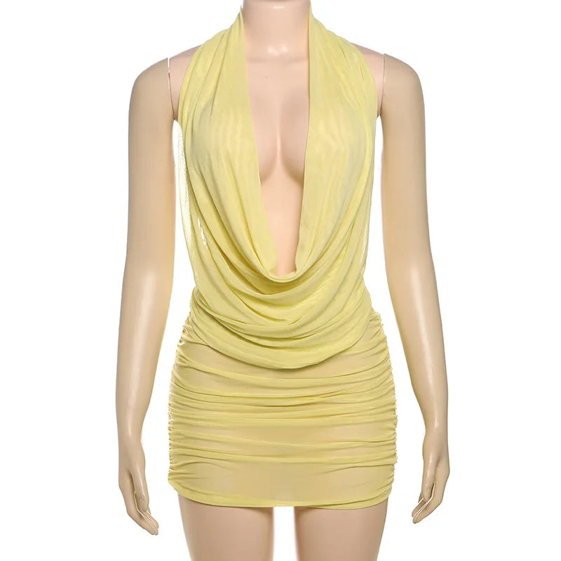 HLJ&GG Sexy Ruched Halter Deep V Mini Skirts Two Piece Sets Women Sleeveless Backless Lace Up Crop Top+Skirts Outfits Streetwear
