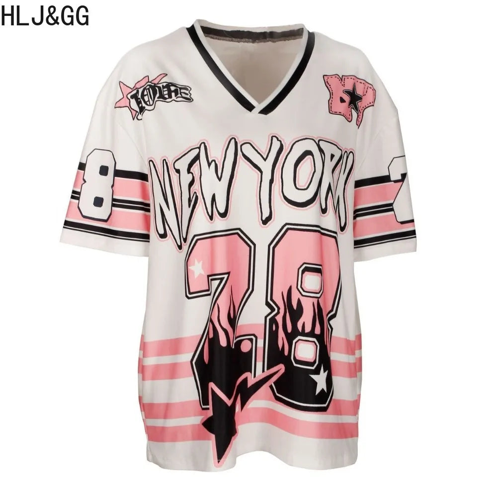 HLJ&GG Pink Fashion Letter Loose Tshirts Two Piece Sets Women V Neck Short Sleeve Top+Pleated Mini Skirts Outfits Y2K Streetwear