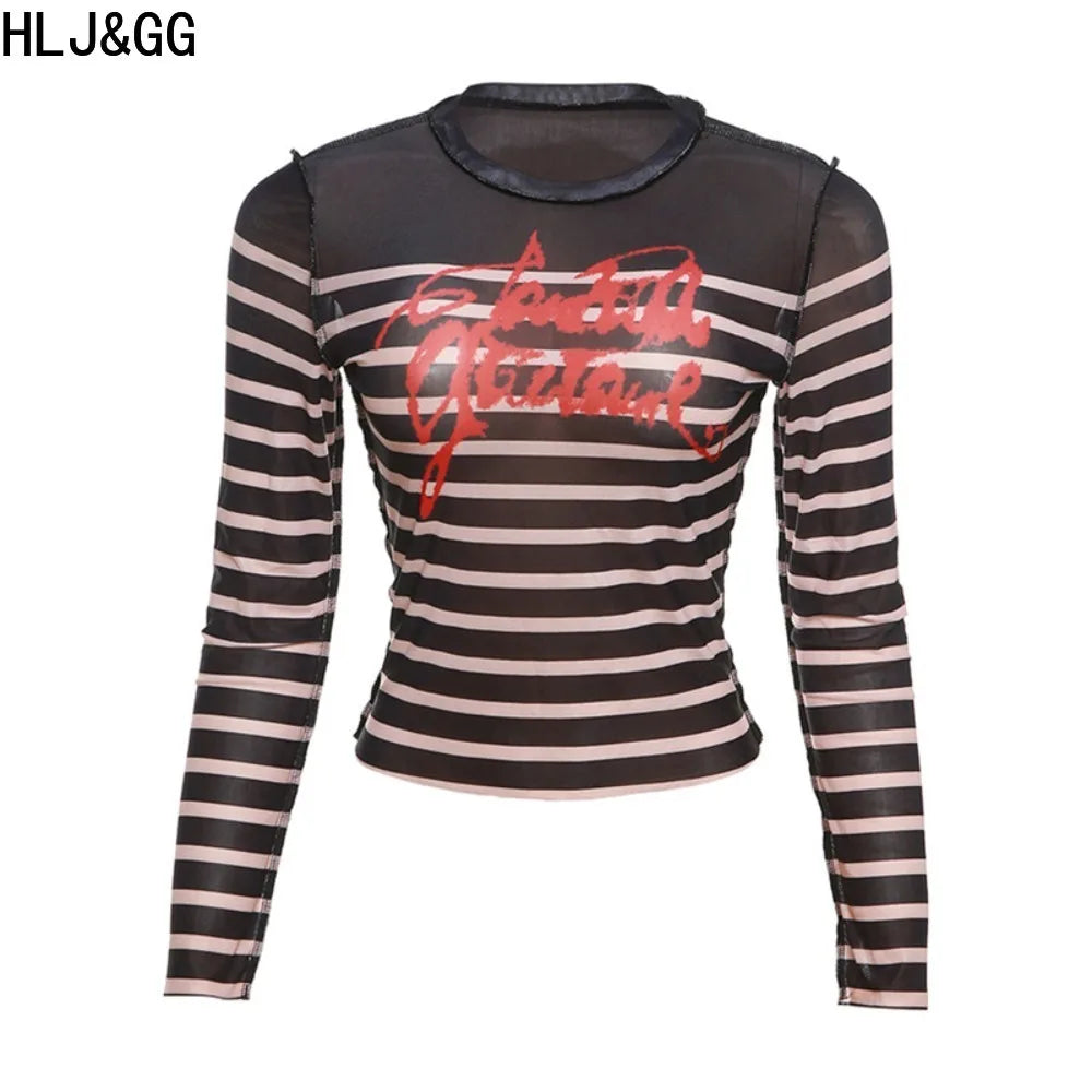 HLJ&GG Y2K Sexy Stripe Letter See Though Two Piece Sets Women Long Sleeve Slim Top And Mini Leather Skirts Outfits Streetwear