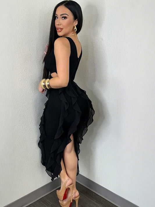 Kricesseen Stylish Deep V Neck Ruffles Tierred Long Party Dresses For Women Cute Pink Ruched Night Out Vestidos Outfits Clubwear