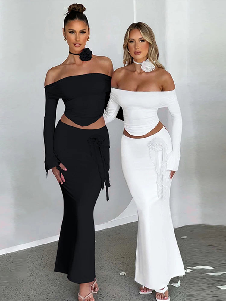 Dulzura Matching Suit Neck Accessories 3D Flower Off Shoulder Long Trumpet Sleeves Crop Top Tassel Maxi Skirt 2024 Autumn Women