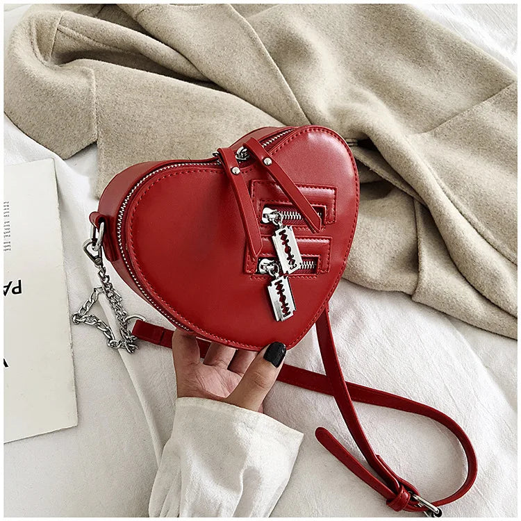 Gothic Heart Blade Zipper Chain Crossbody Bags for Women Girl Casual Shoulder Purses Handbags Techwear Summer Wallet Goth