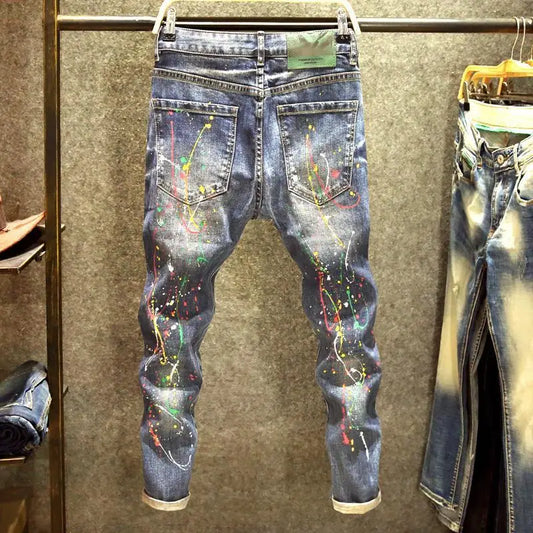 Spring Autumn Designer Clothes Men's Korean Stylish Slim Fit Jeans Fashion Trendy Painted Denim Pants Ink Stretch Skinny Pants