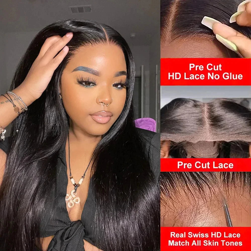 No Silk Human Hair 30 Inch HD Lace Wigs Straight Pre Cut 5x5 4x4 Glueless Closure Lace Human Hair Wigs 200% Wear And Go Wig