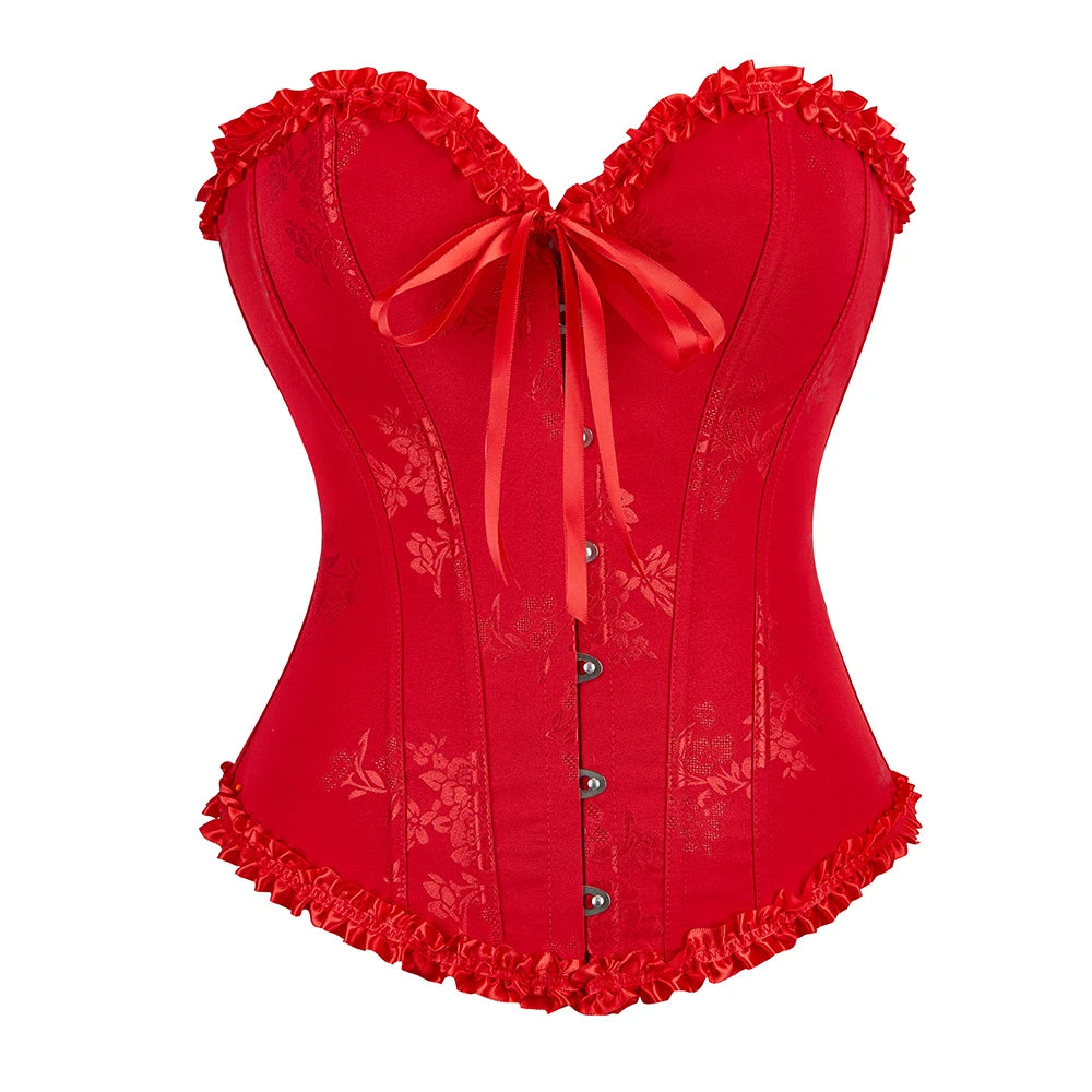 Women Floral Overbust Corset Waist Bustier Top Black White Red Blue Korset Shaper