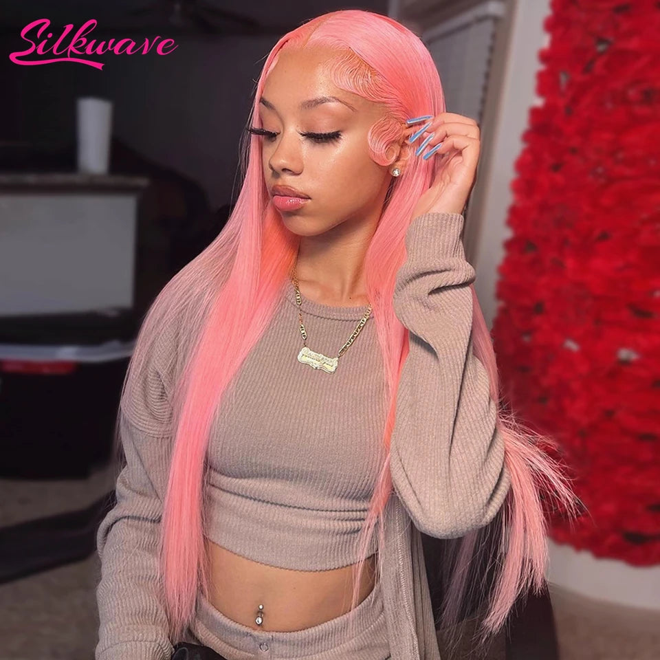 Silkwave 13x6 Hd Pink Lace Frontal Wig Human Hair Preplucked Brazilan Bone Straight 13x4 Lace Front Pink Colored Wig For Women
