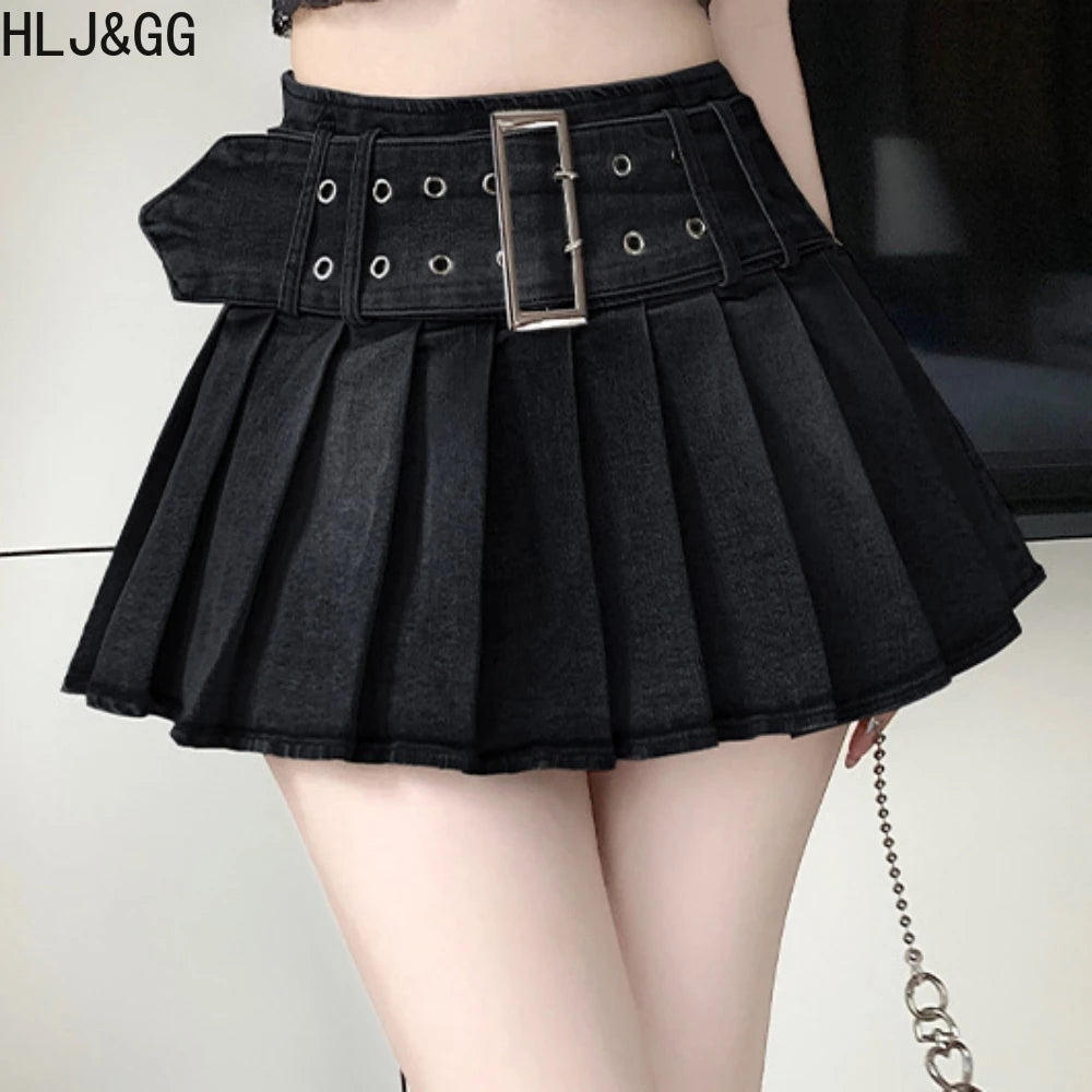 HLJ&GG Black Sexy Hot Girl Hollow Bandage Two Piece Sets Women Deep V Sleeveless Tank Top+Pleated Mini Skirts Outfits Streetwear
