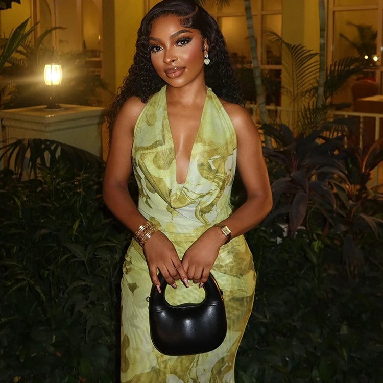 STYLISH LADY Floral Printed Backless Dress 2025 Summer Women Sleeveless Halter Bodycon Sexy Club Party Long Maxi Dresses