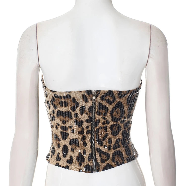 STYLISH LADY Sparkly Sequined Leopard Printed Crop Top 2025 Summer Women Strapless Zipper Slim Sexy Club Party Street Tops Tees