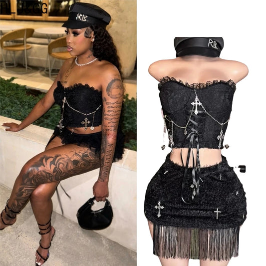 HLJ&GG Black Sexy Y2K Punk Tassels Two Piece Sets Women Chain Lace Up Slim Tube And Fur Mini Skirts Outfits Fashion Streetwear