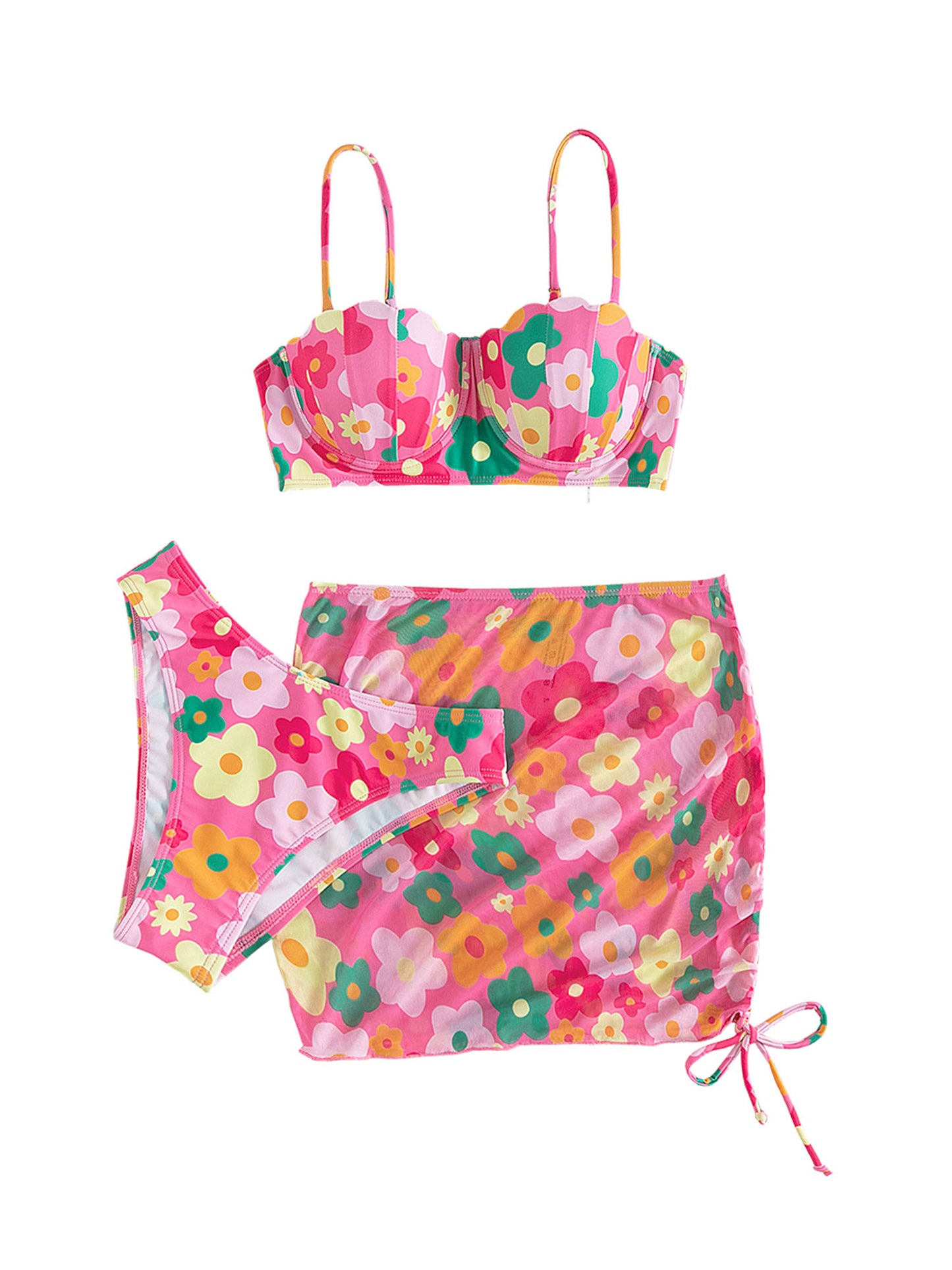 Women 3pcs Swimsuit Set Floral Sleeveless Push Up Bra and Elastic Briefs Cover Up Skirt Beachwear Bathing Suit