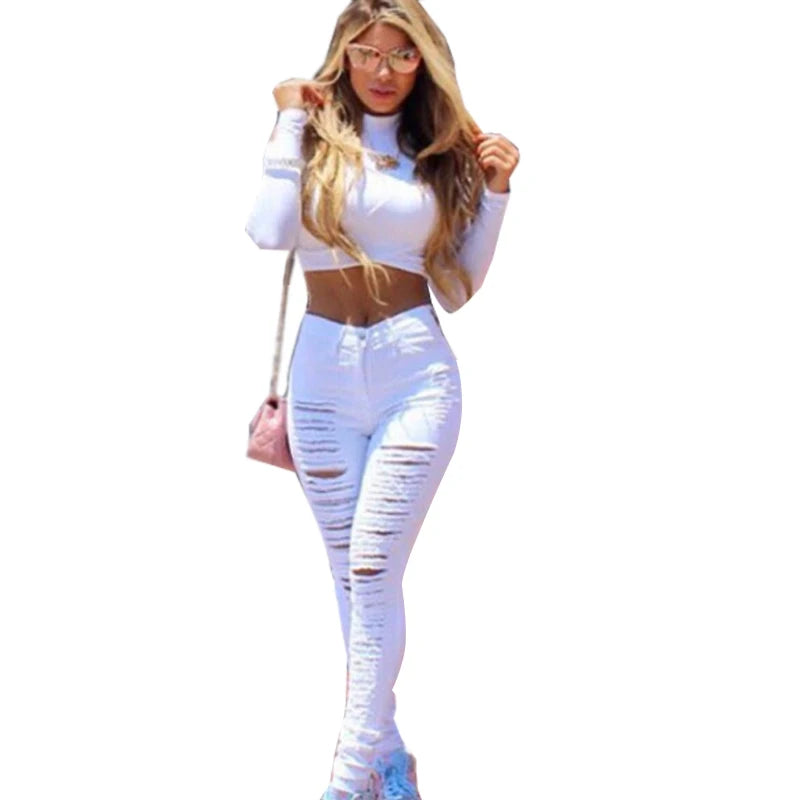 New Designer Women 2025 High Waist Ripped Jeans for Women Skinny Black White Jeans Woman Elastic Slim Jean Female Femme