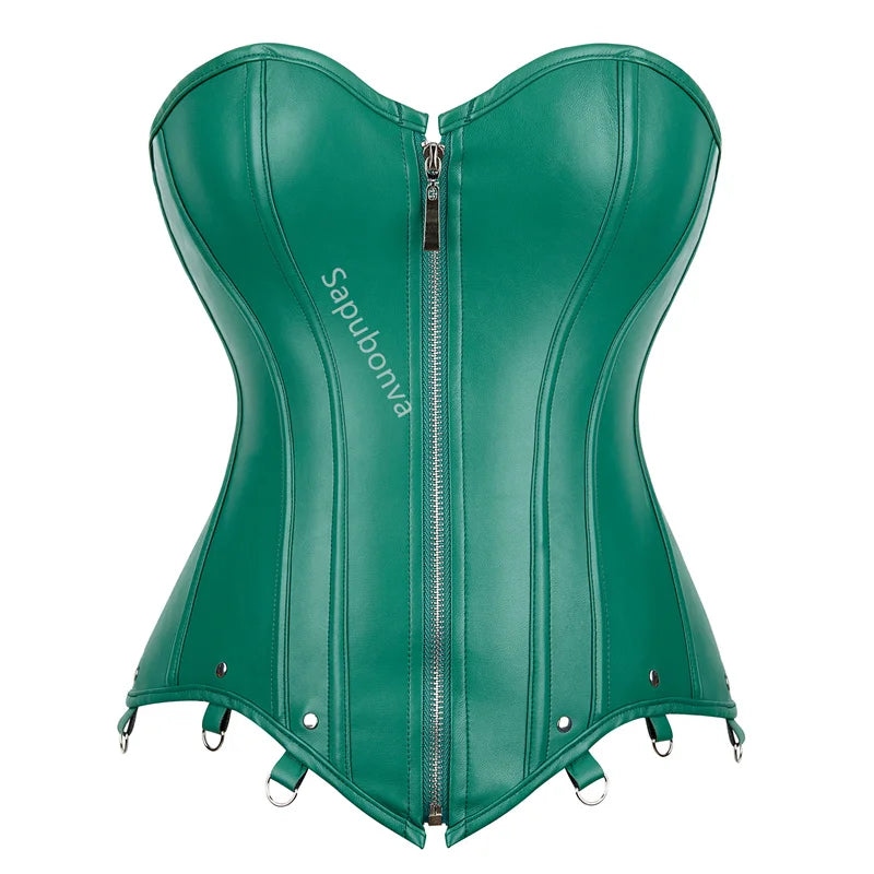 Corset Leather Zipper Plus Size Top Pirate Bustier Overbust Lingerie Burlesque Costumes Lace Up Sexy Women Black Red Green