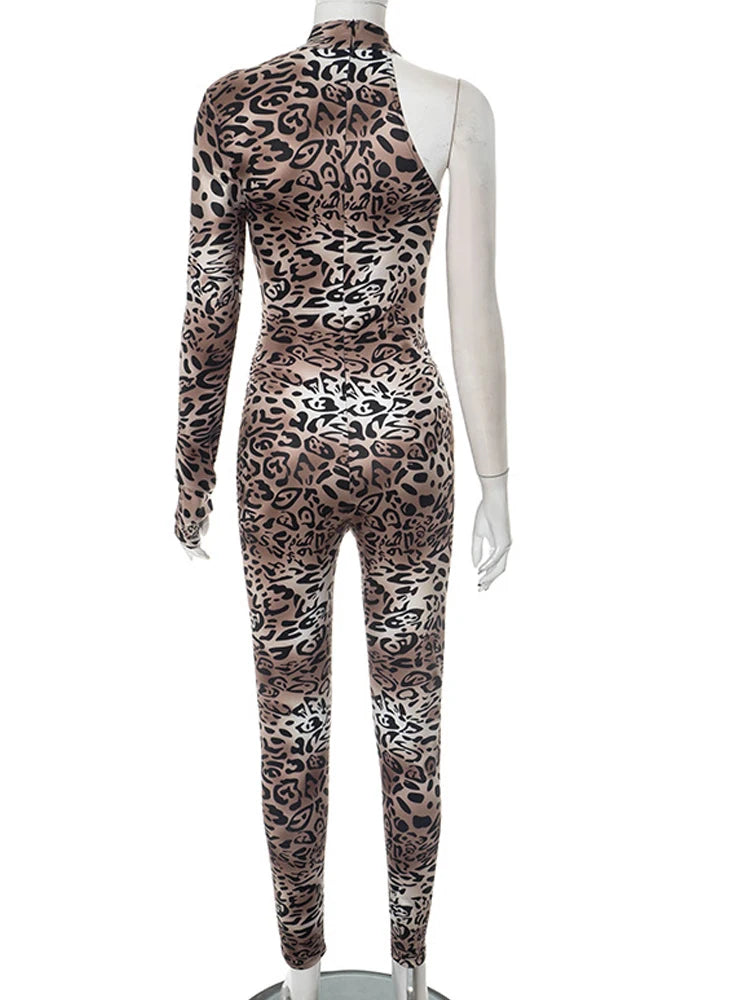 Kricesseen Women's Single Shoulder Mock Neck Leopard Print Skinny Jumpsuits Club Overalls Fitted Animal Print One Piece Outfits