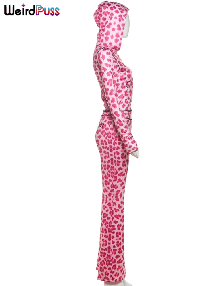 Weird Puss Leopard Contrast Letter Print 2 Piece Set Women Hooded Full Sleeve Crop Jacket+Skinny Stretch Flare Pants Trend Suits