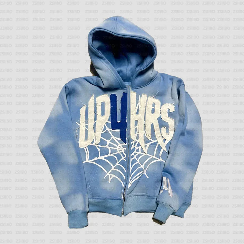 Retro Patch Spider Web Print Zipper Hoodie Y2K Sweatshirt Mens Hip Hop Letter Oversized Hoodie Jacket Clothes Streetwear Jacket