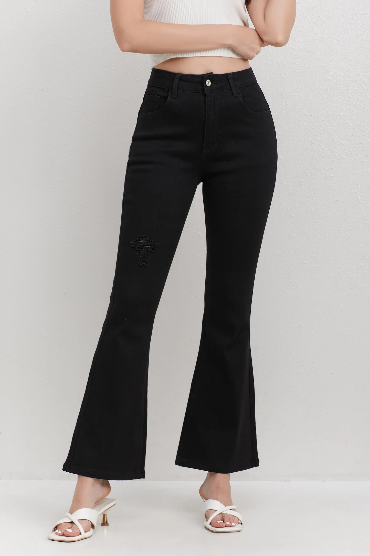 Ladies White jeans, Trousers High waisted Distressed Flare Leg Fashionable Jeans Street style Outfit