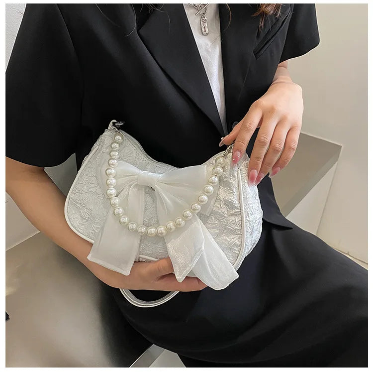 Pearl Female Bag Retro Luxury Designer Handbag Bow Crossbody Bags Fashion Canvas Women's 2023 Trend Shoulder bag Purses