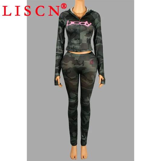 10 Wholesale Fall Tracksuits Camouflage Printing Two Piece Set Womens Outfits Slim Long Sleeve Hooded Jackets + Pants K15697_2
