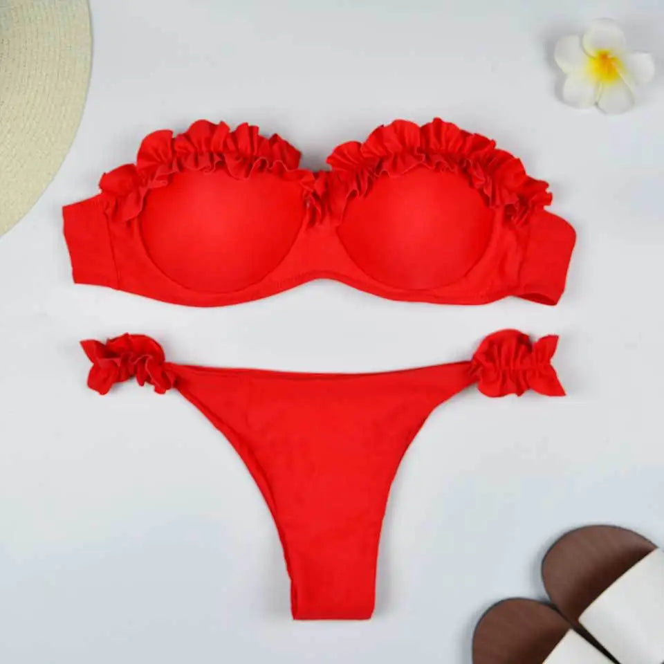 Solid Bikini Set Women Swimsuit Chic Ruffles Micro Bikini Split Bathing Suit Summer 2025 New Beach Spice Girl Swimwear