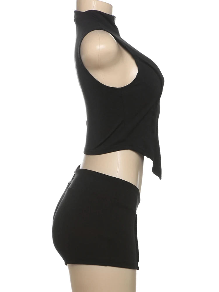 Weird Puss Casual Tracksuit 2 Piece Set Women Irregular Tank Tops+Peach Hip Zip Shorts Daily Simple Skinny Sporty Streetweas