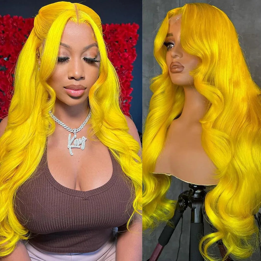 28 Inch Yellow Wig Human Hair Body Wave 13x6 HD Lace Frontal Wig Plucked 200% Density Colored Lace Wig Water Wave For Women