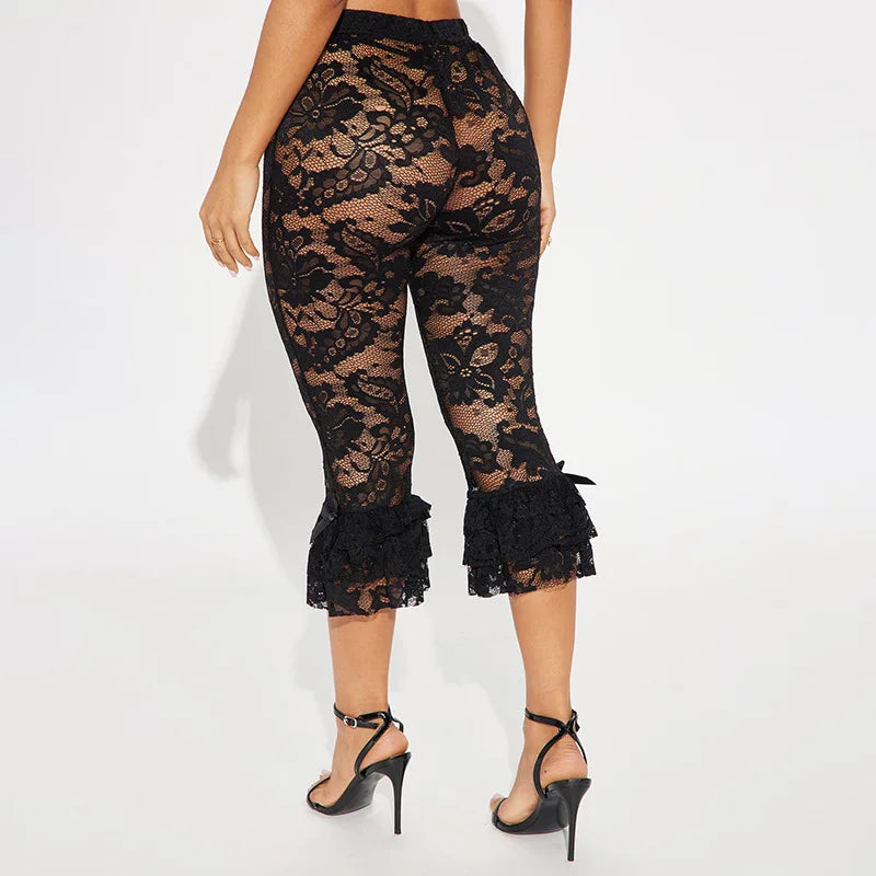 STYLISH LADY Lace Knee Length Pants 2025 Summer Women Midi Waist Hollow Out Sexy Club Party Street See Through Leggings Pants