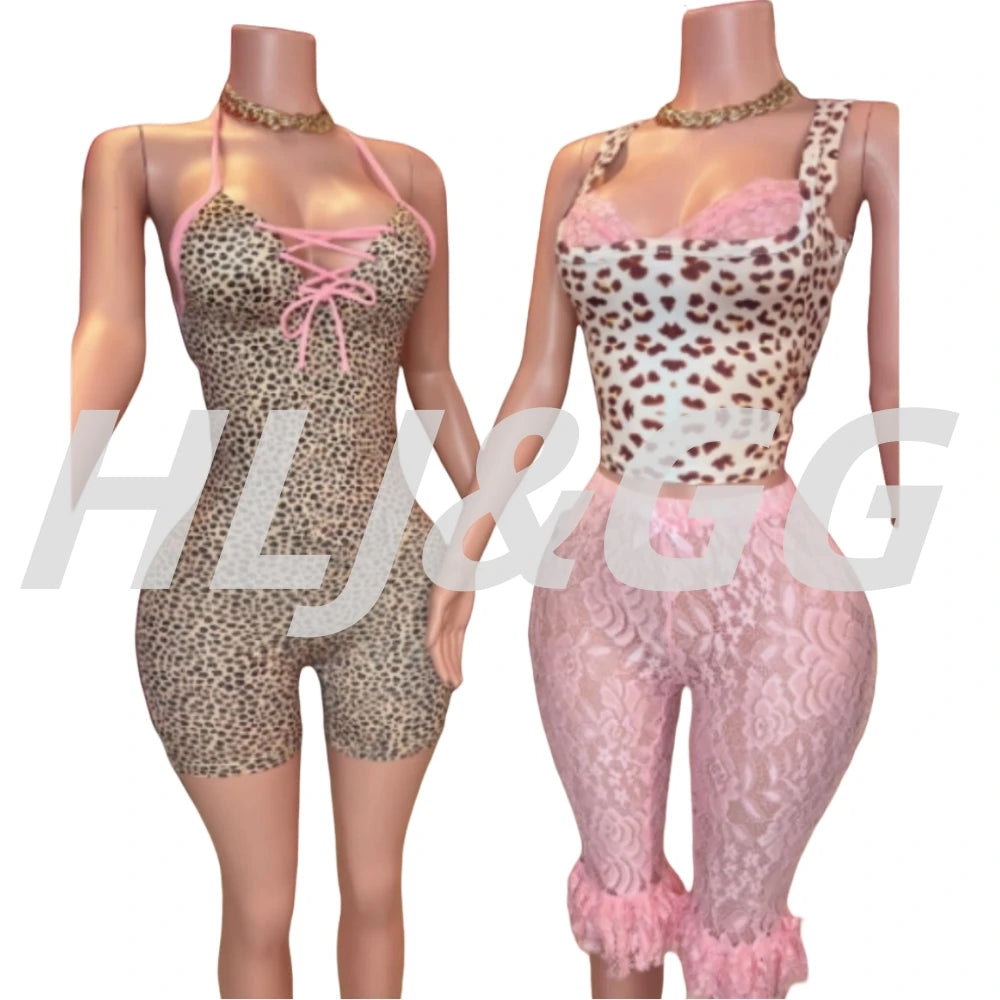 HLJ&GG Summer New Leopard Print Bow Bodycon One Piece Rompers Women Hollow Out Halter Backless Slim Jumpsuits Fashion Streetwear