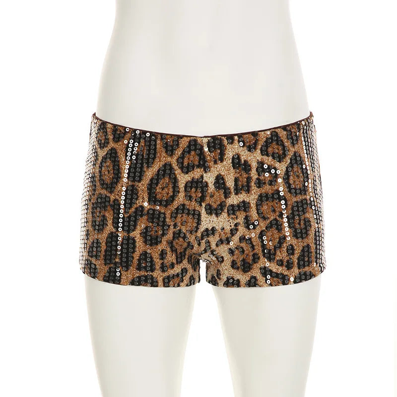 HLJ&GG Fashion Y2K Sequin Leopard Shorts Two Piece Sets Women Round Neck Short Sleeve Slim Crop Top And Shorts Outfit Streetwear