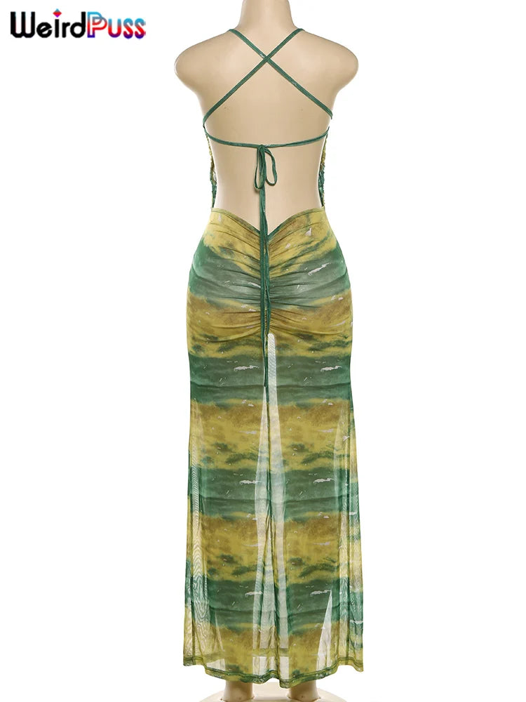 Weird Puss Gradient Backless Dress Women Halter See Through Ruched Summer Trend Split Long Bodycon Coquette Bandage Vestidos