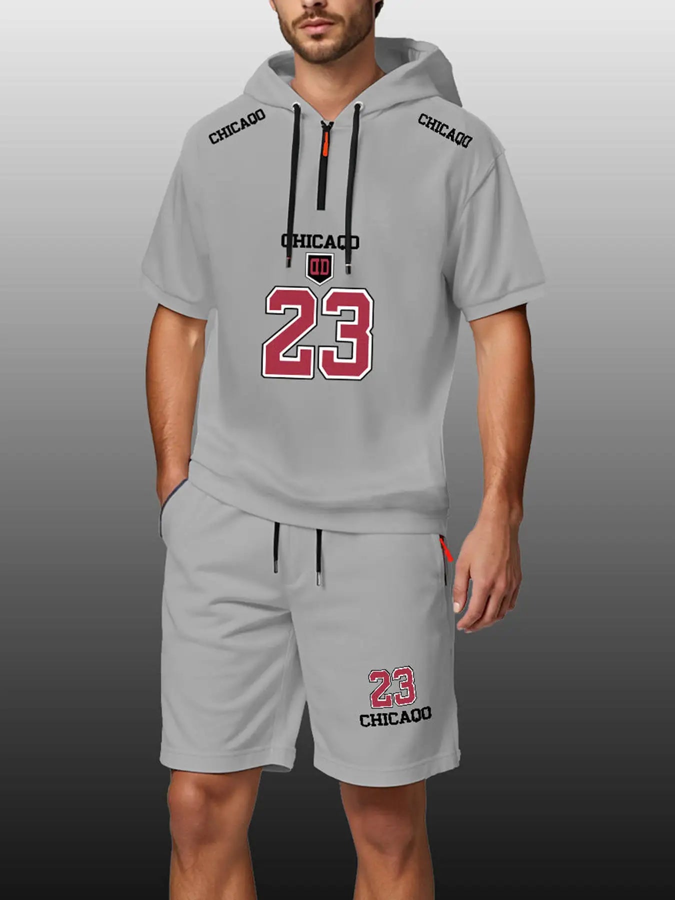 Summer Sets Men Jersey T-Shirts and Shorts Outfit Two-Piece Hooded T-Shirt Zipper Pocket Shorts Fashion Loose Oversize Clothing