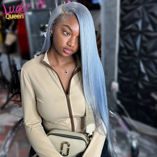 Icey Blue Silver Gray 13x6 Front 613 Colorful Wigs 180 Density Human Hair Pre Plucked For Women Transparent Lace Straight 13X4