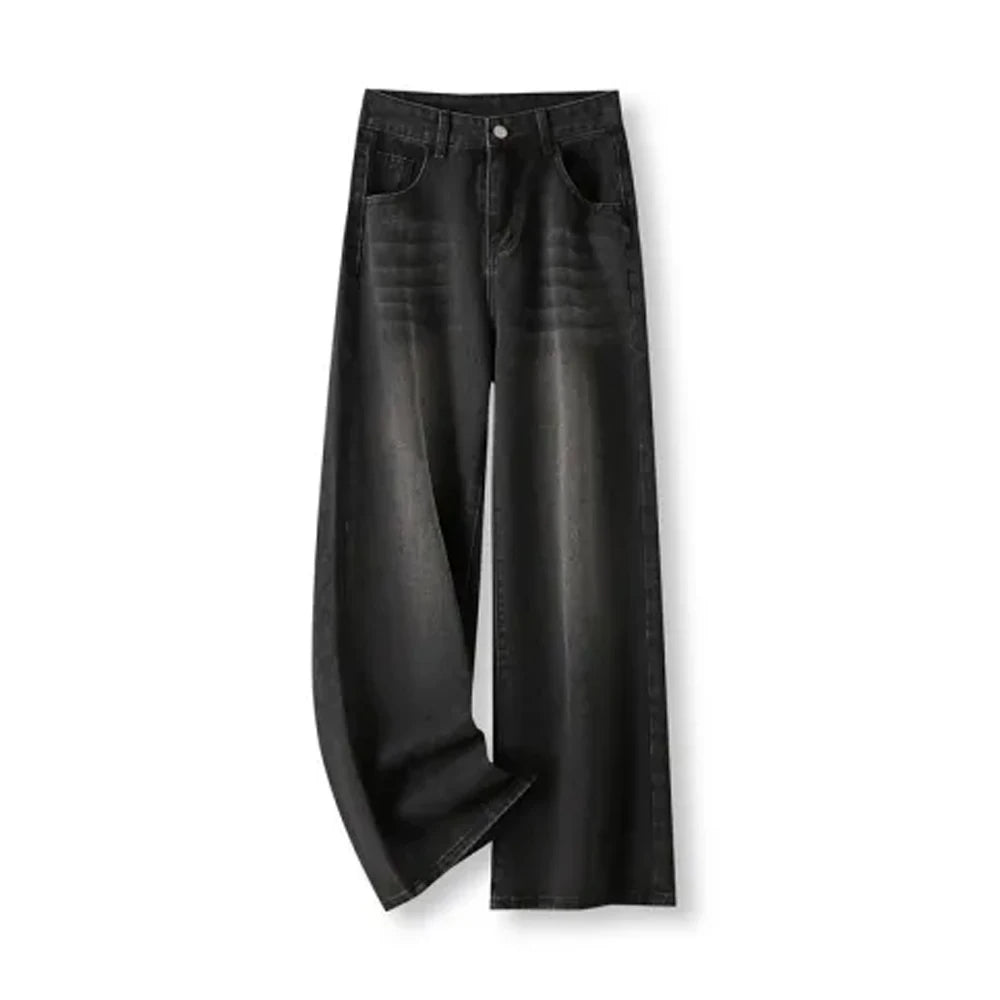 Korean Vintage High Waist ladies Jeans Y2K Slimming Pear-Shaped Loose Straight Bell Bottoms Black Gray Baggy Trousers